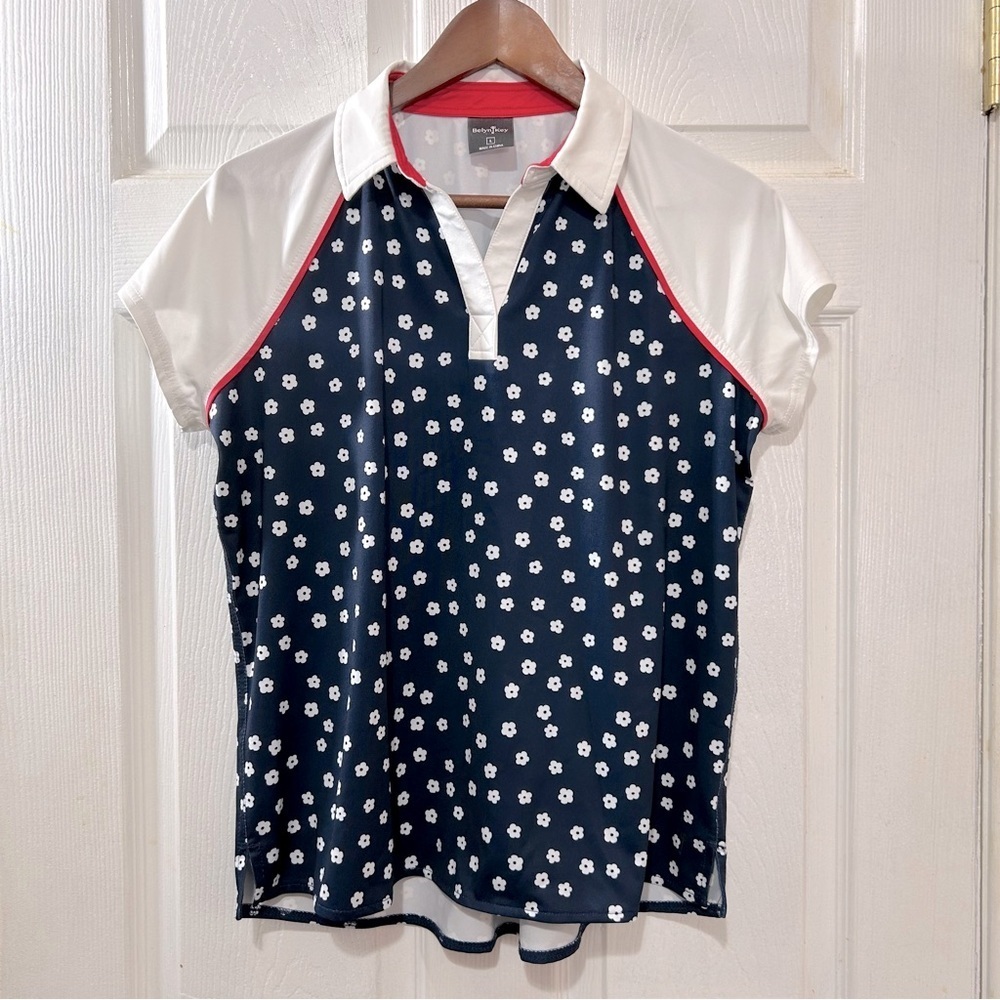 Belyn Key Women's Golf Polo Blue White Pink Floral Size Large